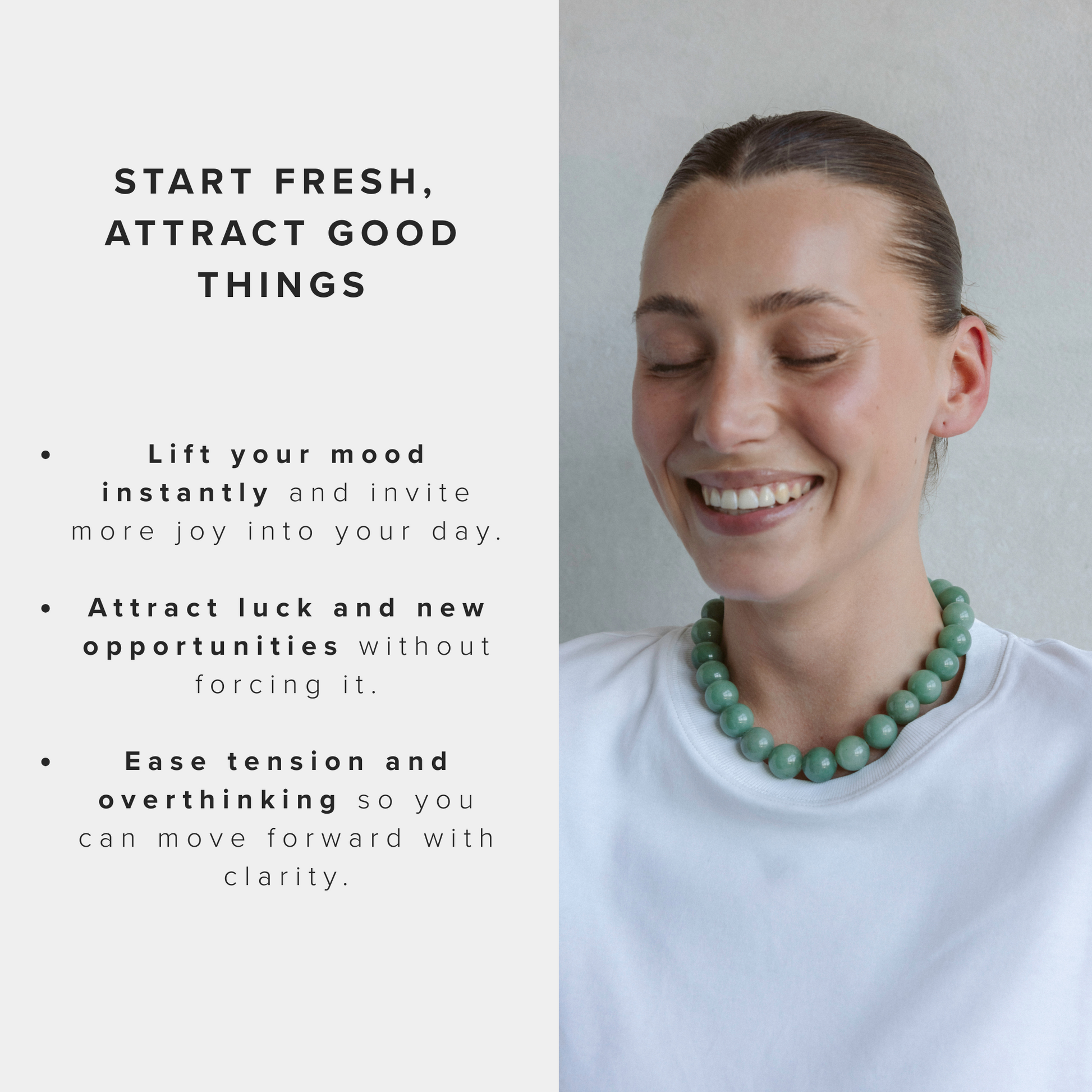 Smiling woman wearing a chunky green Aventurine beaded necklace styled with a white top, next to affirmations highlighting the crystal’s benefits: boosting joy, attracting luck, and easing overthinking.