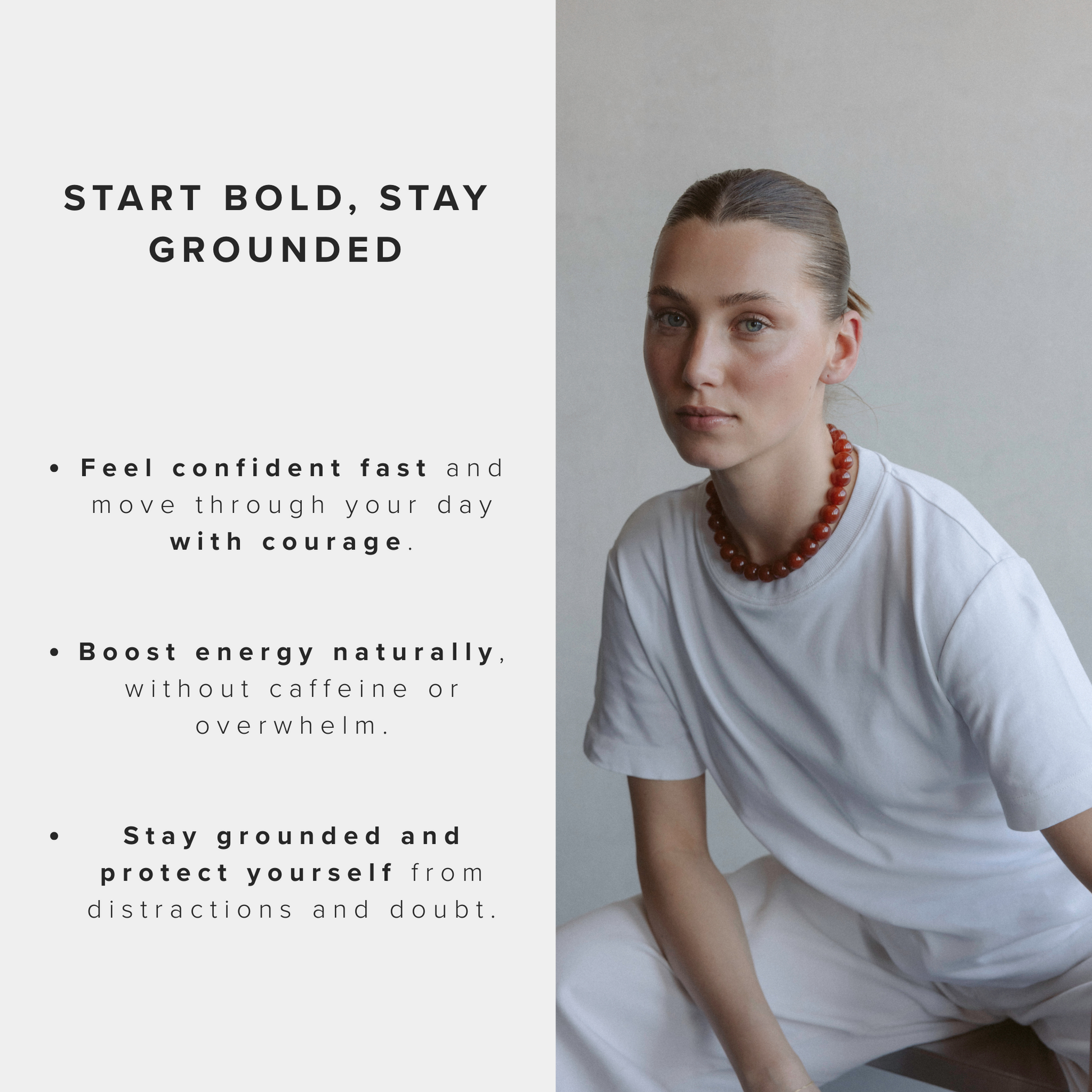 Woman wearing a bold Carnelian necklace and white outfit, seated calmly beside affirmations about courage, energy, and grounding.