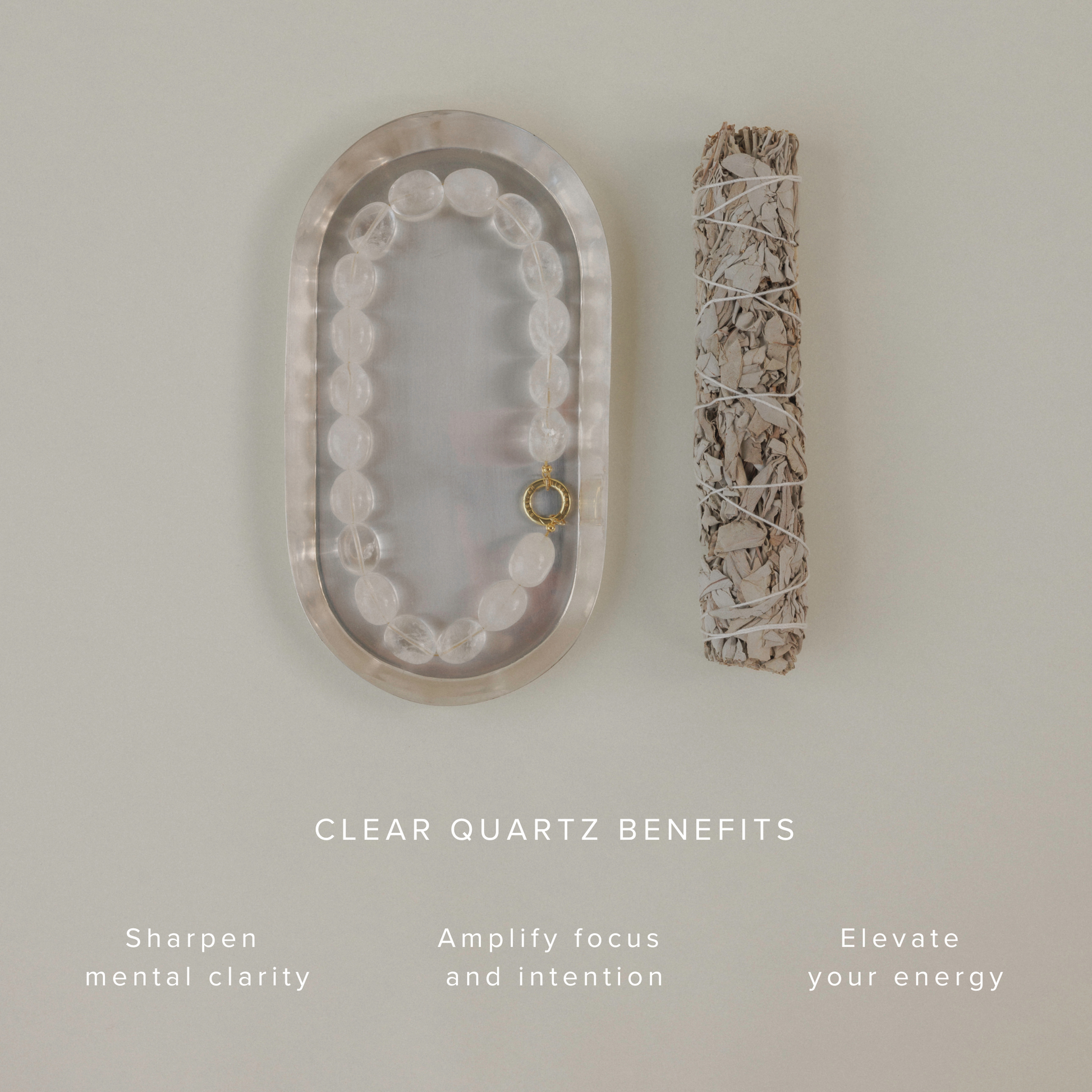 Clear Quartz necklace with gold-plated clasp displayed in a translucent oval dish next to a sage smudge stick, with overlay text listing crystal benefits: sharpen mental clarity, amplify focus and intention, elevate your energy.

