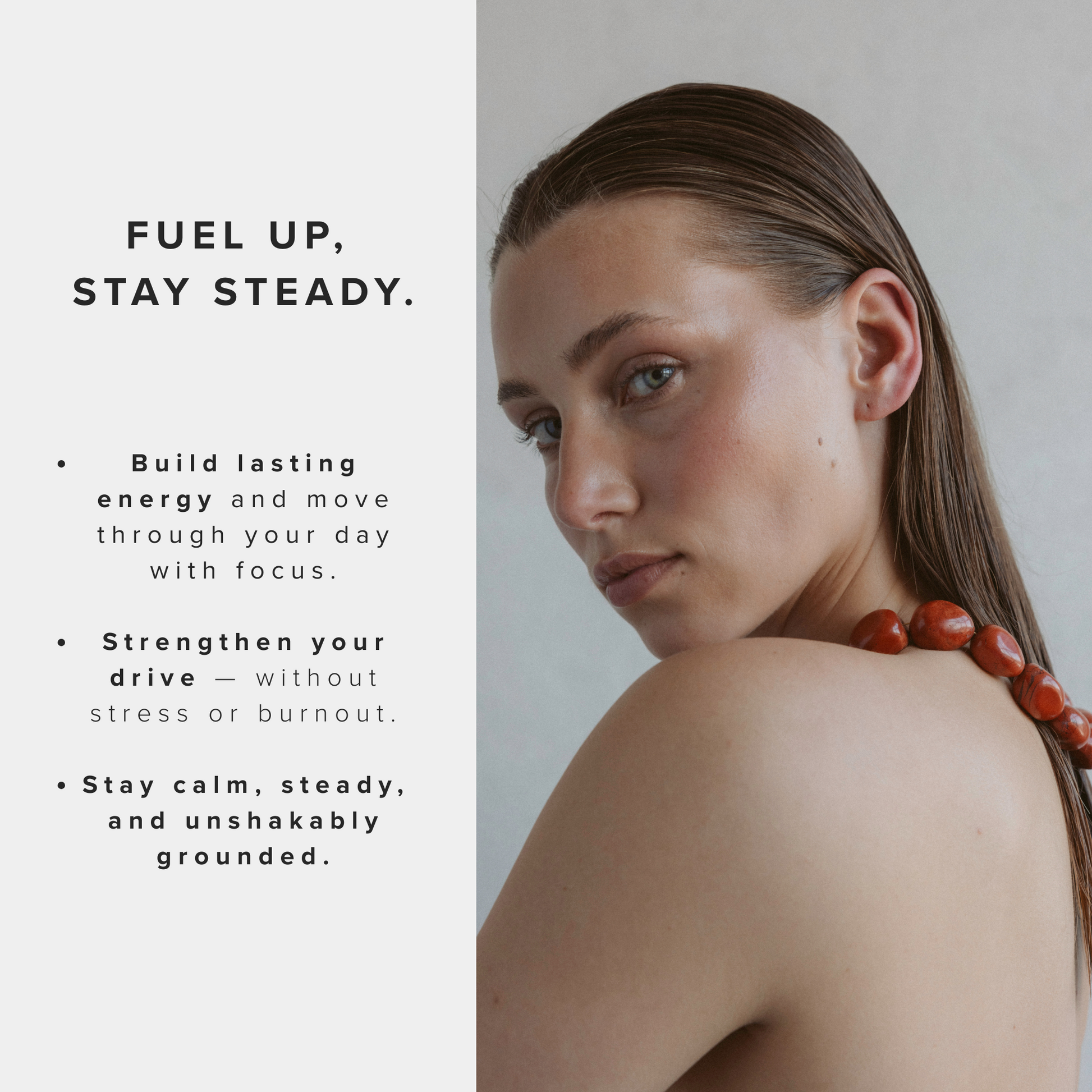 Model wearing the Ignite Red Jasper necklace by Stellar Whispers, styled with sleek wet-look hair, shown alongside empowering text about grounding, energy, and inner strength.